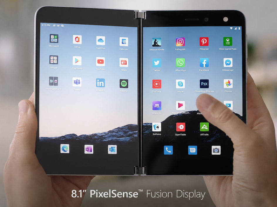 Hands holding the dual-screen display of a Surface Duo showing app icons