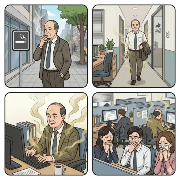 A 4-panel illustration of an office worker who just came in from smoking outside, with cigarette smoke rising from their clothes and body, while colleagues nearby cover their noses in distress.