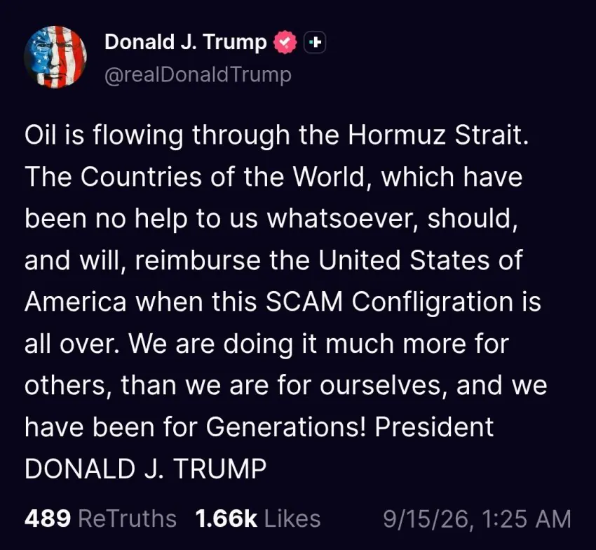 Screenshot of Donald Trump's Truth Social post in English