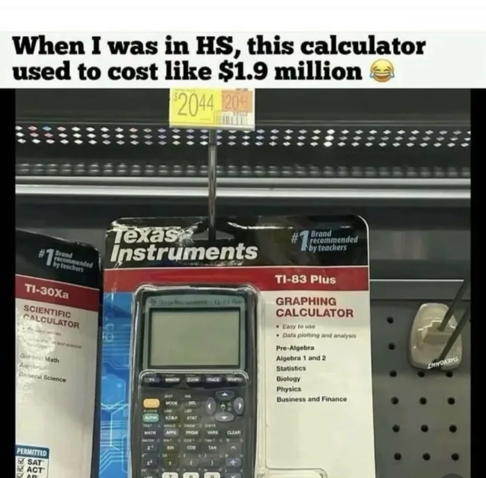 A packaged Texas Instruments TI-83 Plus graphing calculator hanging on a store rack under a $20.44 tag.