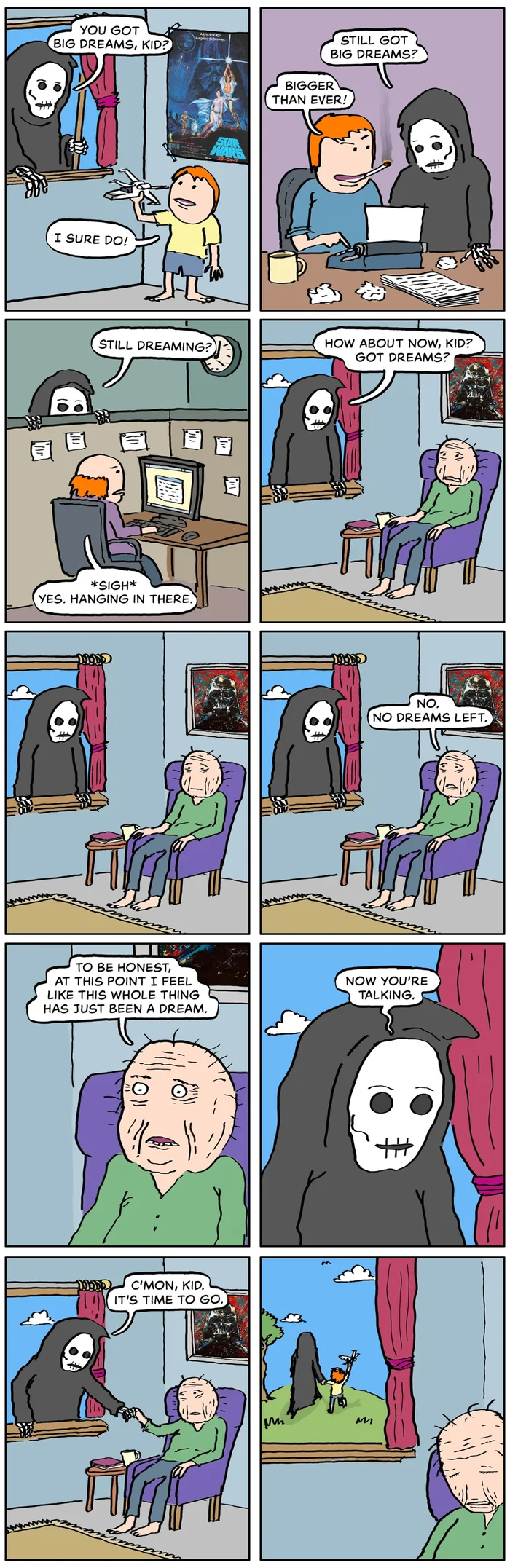 A multi-panel comic showing the Grim Reaper checking in on a person through various stages of life—childhood, youth, adulthood in an office cubicle, and old age—asking if he still has dreams, until the elderly man finally passes away and walks into the afterlife as a child.