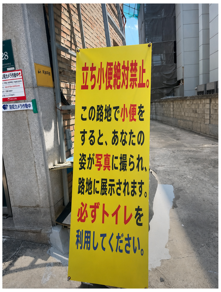 立ち小便をしたらCCTVで写真を撮り、路地に展示するという黄色い警告バナー。