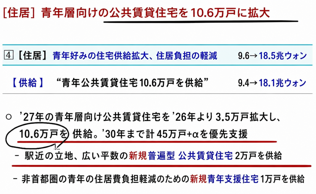 青年層向けの公共賃貸住宅10.6万戸拡大政策の内容が記載された文書画面。
