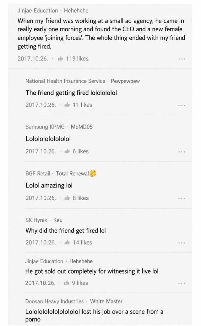 A screenshot of a post and comments on Blind, an anonymous community for employees. It details a story about witnessing an intimate scene between the CEO and a new female employee after arriving early at work, leading to the author's dismissal, along with reactions from other users.