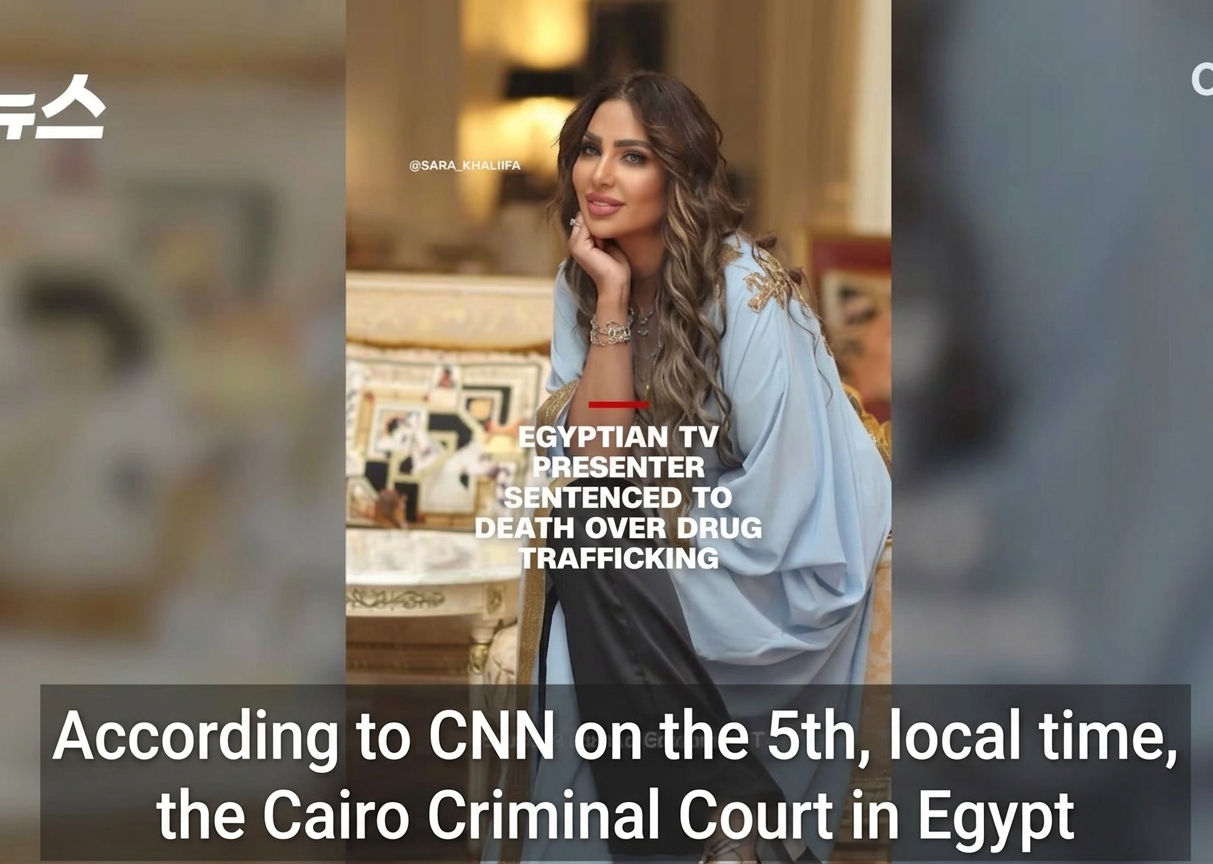 Photo of Egyptian broadcaster Sara Khalifa posing on a sofa with news captions.