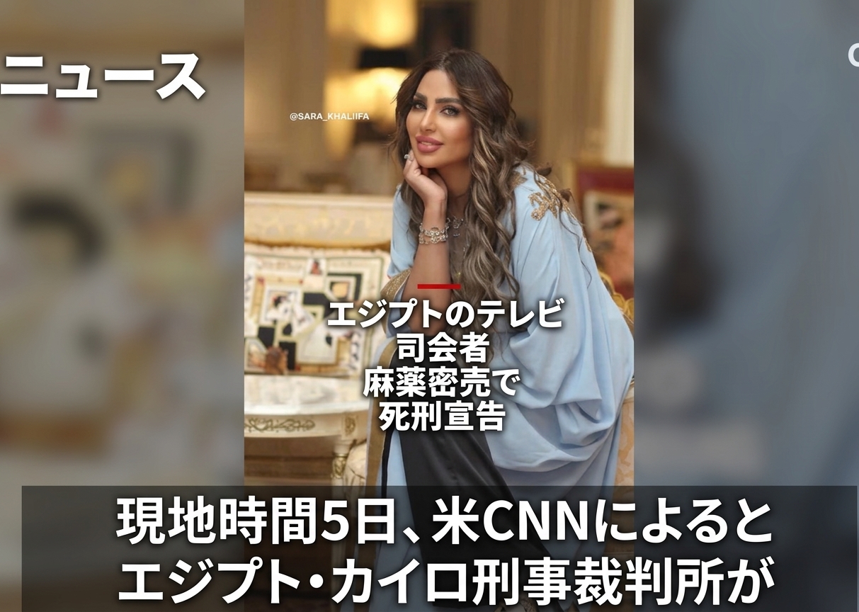 ニュースのテロップと共にソファに座ってポーズをとっているエジプトの放送作家サラ・ハリファの写真