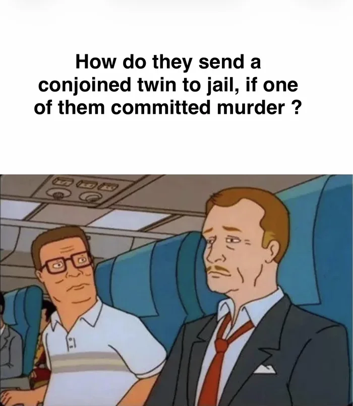 A meme featuring King of the Hill characters Hank Hill and a tired businessman sitting next to each other on an airplane, captioned: 'How do they send a conjoined twin to jail, if one of them committed murder?'