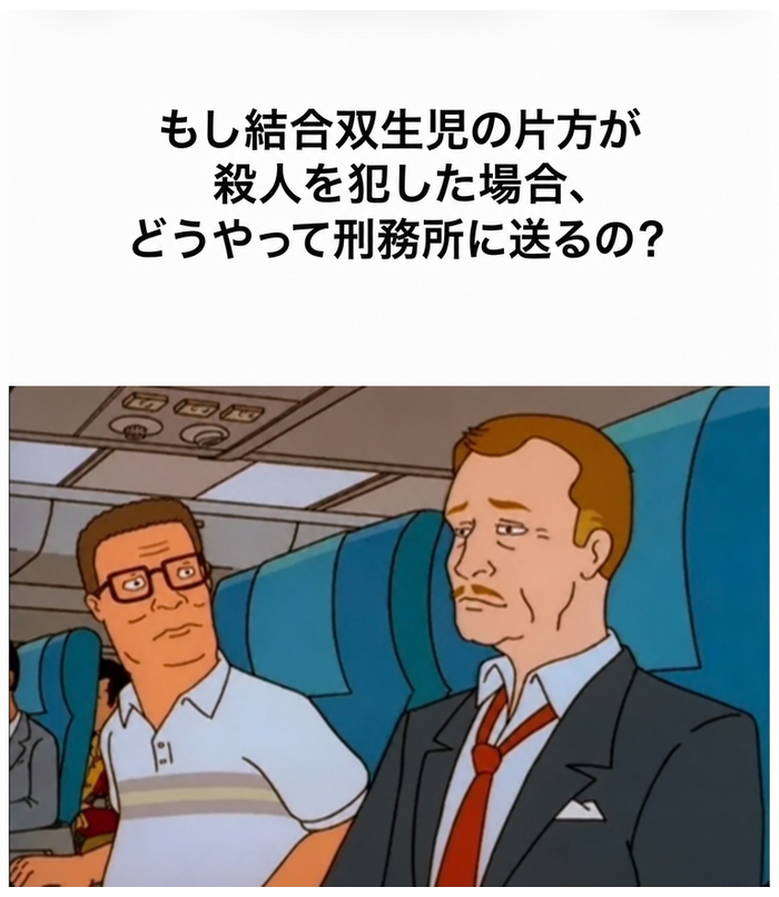 アニメ『キング・オブ・ザ・ヒル』のハンク・ヒルと疲れたビジネスマンが飛行機で隣り合わせに座っているミーム。「もし結合双生児の片方が殺人を犯した場合、どうやって刑務所に送るの？」というキャプションが付いている。