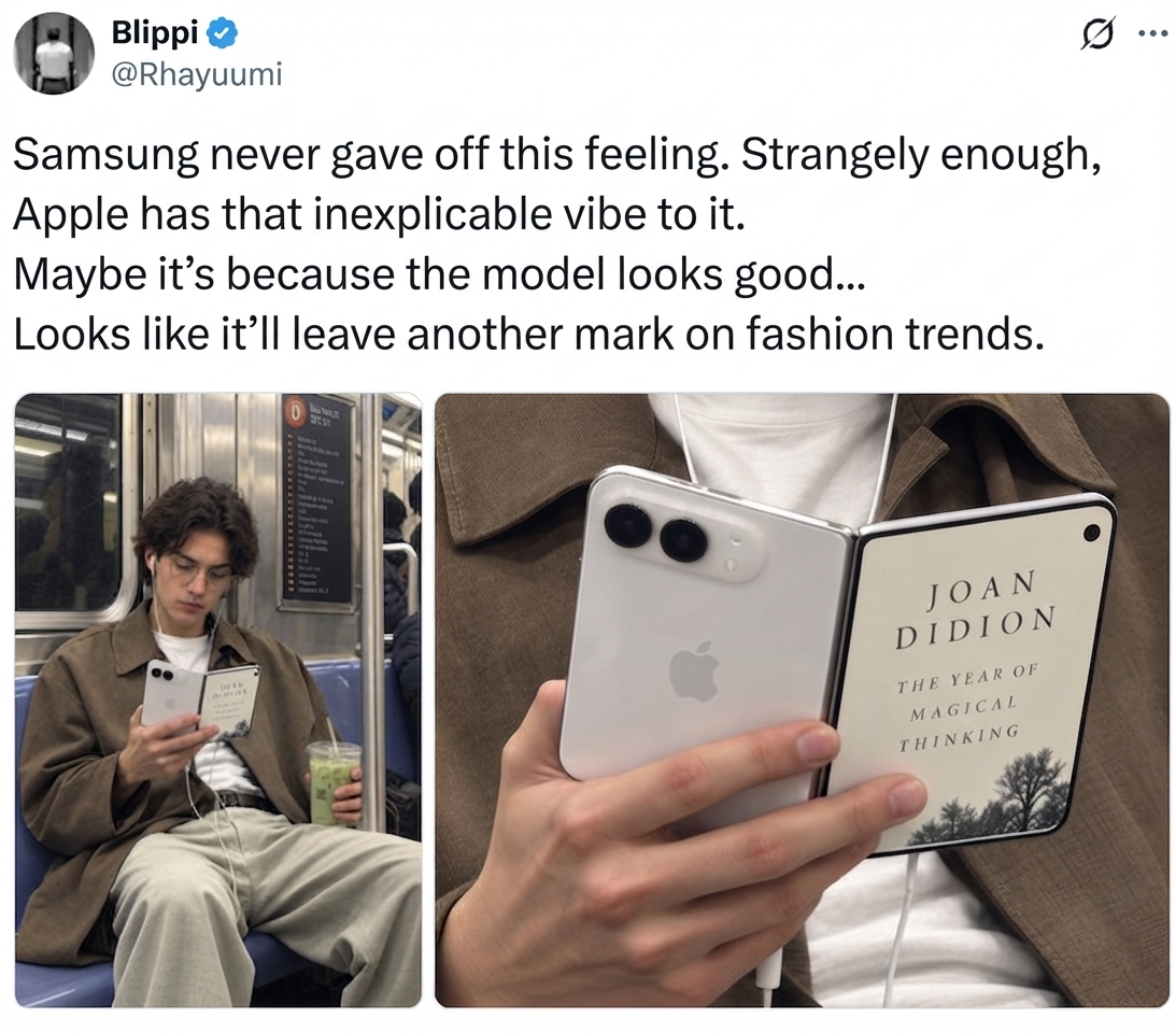 A screenshot of a tweet praising Apple's unmatched vibe while looking at a composite image of an Apple foldable phone.