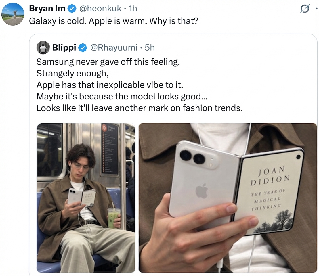 A screenshot of a tweet quoting the post and adding a comment saying Galaxy is cold and Apple is warm.