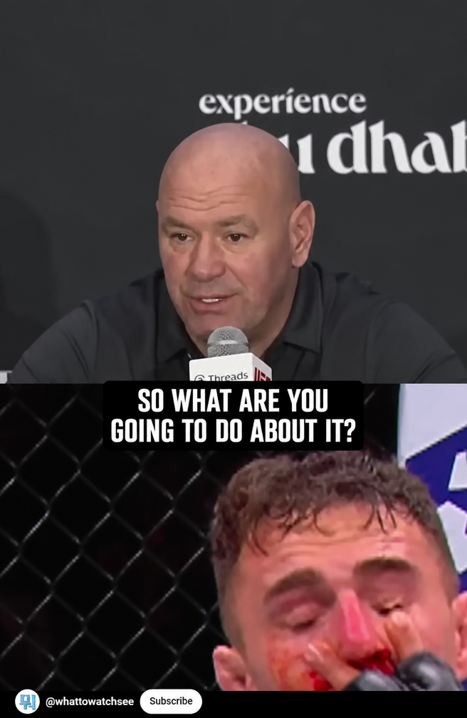 Screen capture showing UFC President Dana White at a press conference alongside a fighter bleeding during a match.