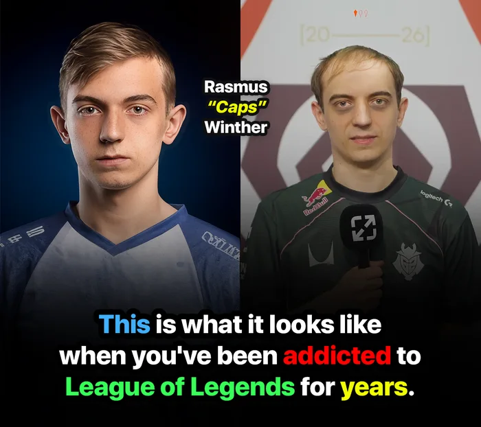 Side-by-side comparison of pro gamer Rasmus Caps Winther in his earlier esports career versus later years showing noticeable aging and hair loss.