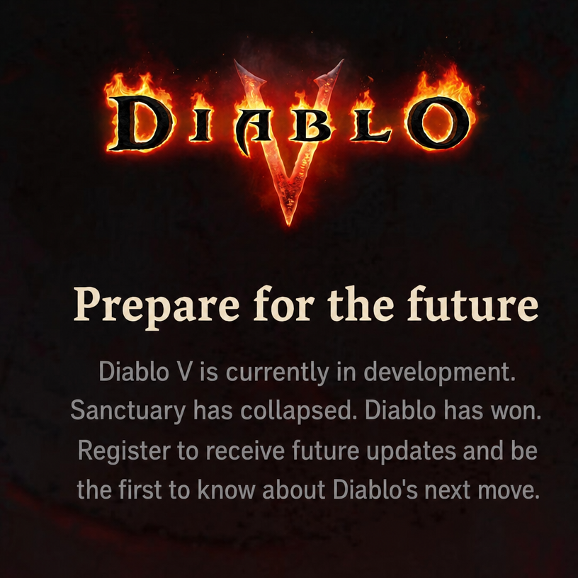 Image announcing Diablo V development news and pre-registration.