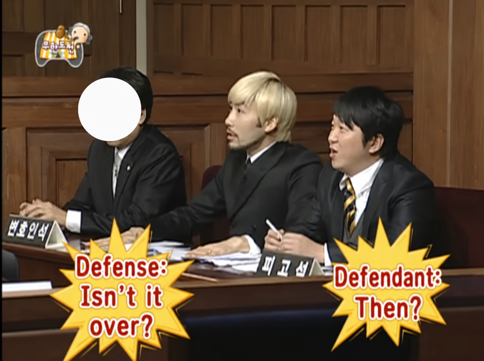 Scene from Infinite Challenge's 'Guilty and Path' where Noh Hong-chul and Jung Hyung-don retort 'Then isn't it over?'