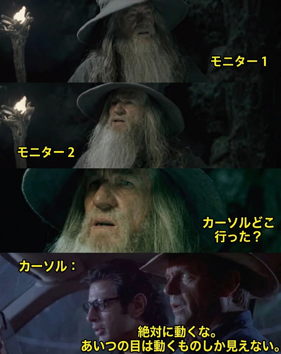 「モニター1」「モニター2」「カーソルどこ行った？」という文字とともに見回すガンダルフの画像と、その下に「カーソル：絶対に動くな。あいつの視力は動きに反応する」と添えられたジュラシック・パークのシーンで構成されたミーム。