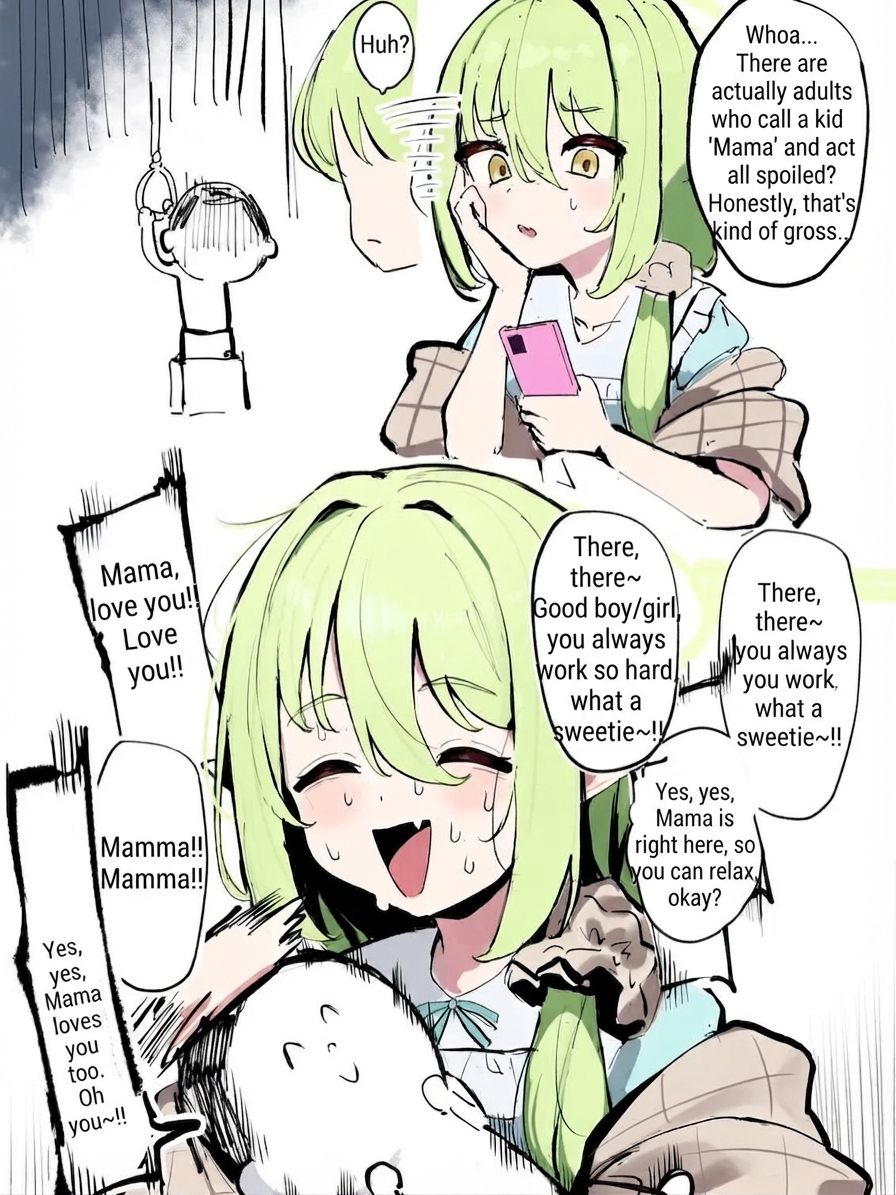 A two-panel comic where the top panel shows a light-green-haired girl looking at her smartphone and reacting with disgust at the idea of adults calling a kid 'Mama' and acting spoiled, while the bottom panel shows her beaming with a wide smile, embracing a protagonist clinging to her for affection and saying, 'There, there, Mama is right here, so you're safe.'
