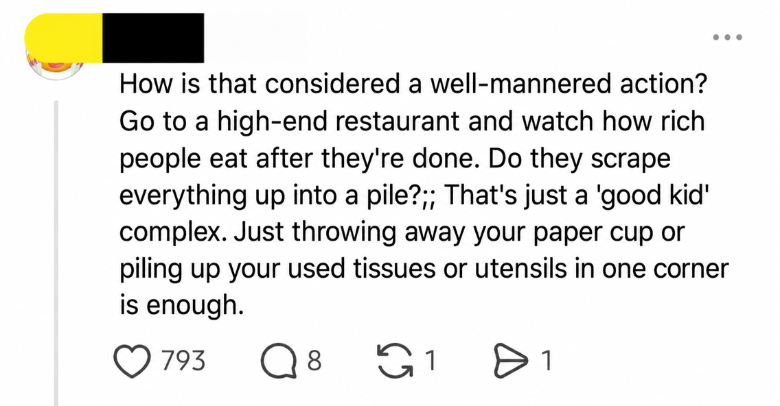 Comment screenshot offering an opposing view, citing high-end restaurants and calling stacking dishes merely a good-child syndrome