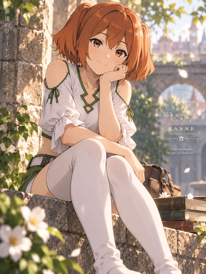 Anime artwork featuring Kanne from Sousou no Frieren sitting on a stone ledge outdoors, resting her chin on her hand beside a stack of books.