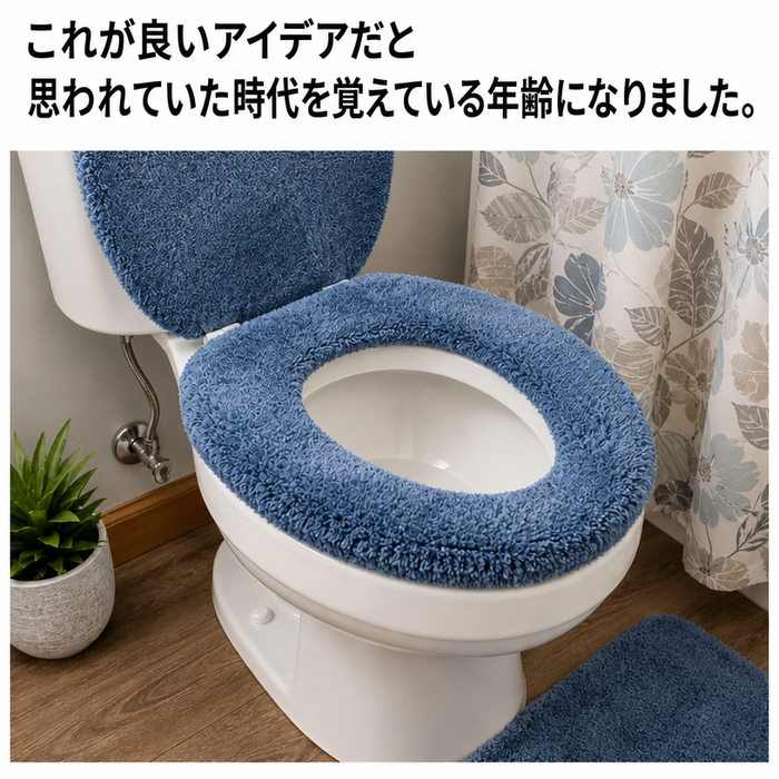 トイレの蓋と便座の両方に青いカーペットカバーが取り付けられているトイレ。