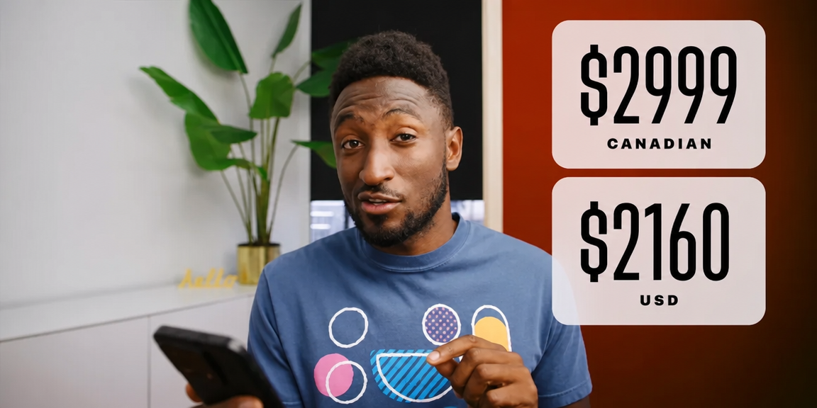 A YouTuber pointing at a graphic showing 2,999 Canadian dollars and its equivalent of 2,160 US dollars