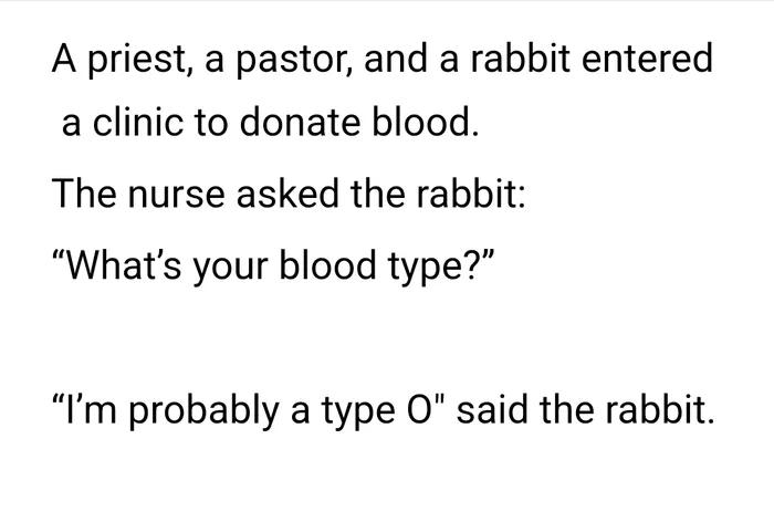A text joke reading: 'A priest, a pastor, and a rabbit entered a clinic to donate blood. The nurse asked the rabbit: "What's your blood type?" "I'm probably a type O" said the rabbit.'