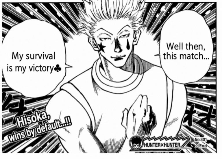 A photoshopped manga panel where Hisoka says, "My survival is my victory."