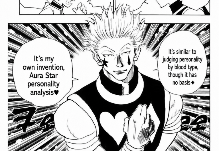 An original manga panel where Hisoka says, "It's a personality analysis based on aura that I devised."
