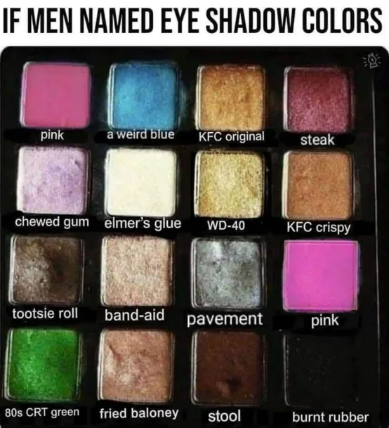 An eye shadow palette meme labeled 'IF MEN NAMED EYE SHADOW COLORS', showing funny custom names for each shade such as pink, a weird blue, KFC original, steak, chewed gum, elmer's glue, WD-40, KFC crispy, tootsie roll, band-aid, pavement, pink, 80s CRT green, fried baloney, stool, and burnt rubber.