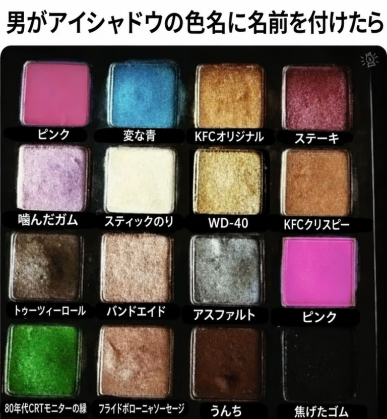 「男がアイシャドウの色名に名前を付けたら」というタイトルのアイシャドウパレットのミーム。ピンク、変な青、KFCオリジナル、ステーキ、噛んだガム、スティックのり、WD-40、KFCクリスピー、トゥーツィーロール、バンドエイド、アスファルト、ピンク、80年代CRTモニターの緑、フライドボローニャソーセージ、うんち、焦げたゴムといった面白いカスタム名が各色に付けられている。
