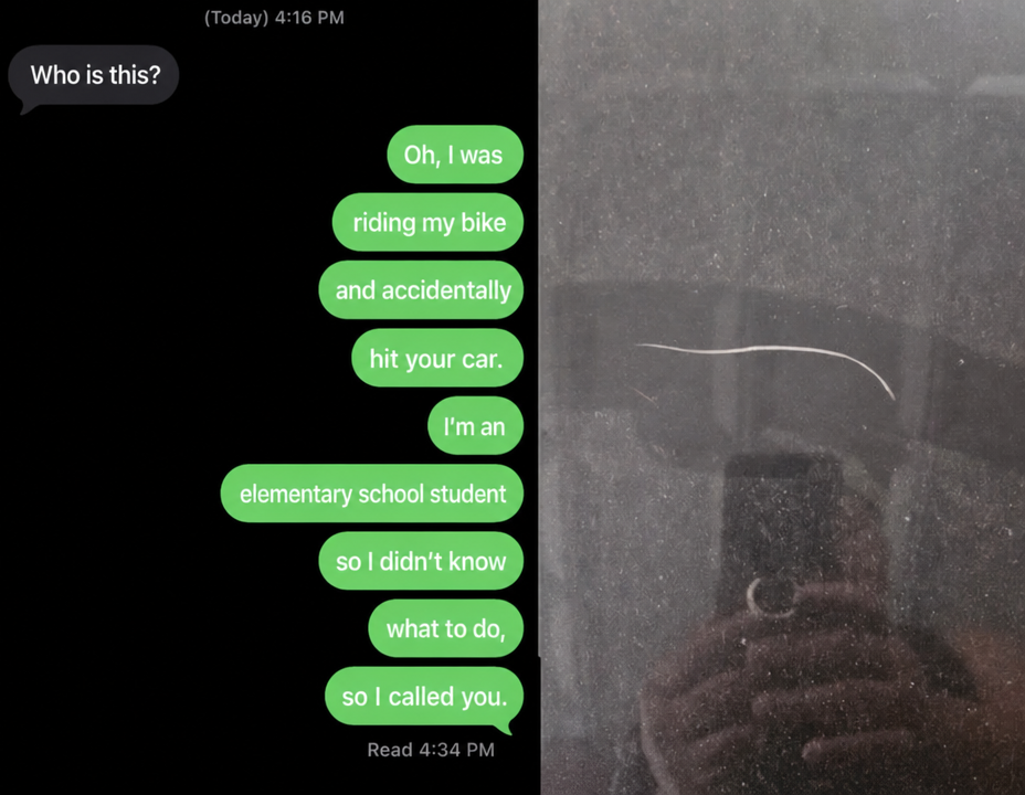 A photo of the text message sent to the car owner and the scratched area of the car.