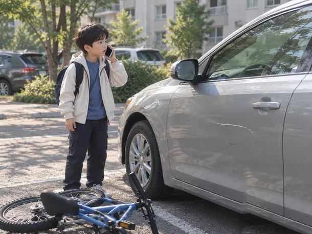 自転車が倒れていて、傷ついた乗用車の横でスマートフォンで通話している小学生の演出画像