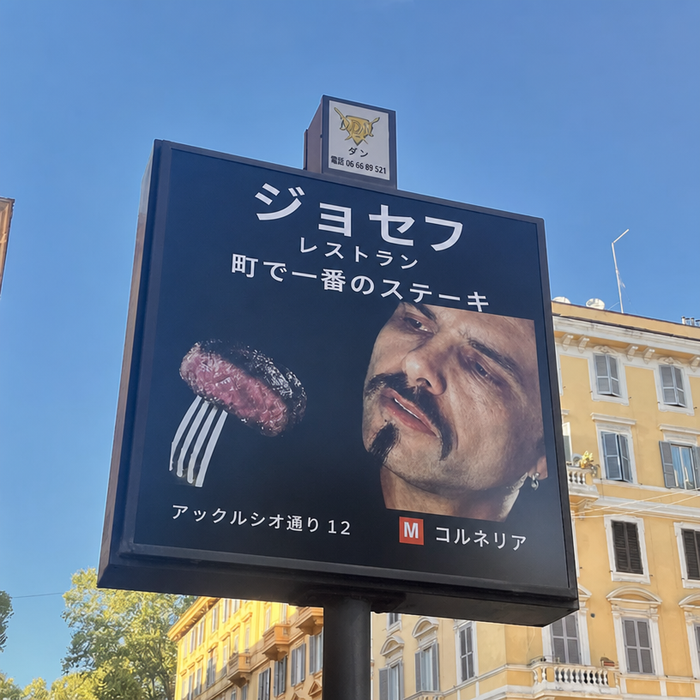 「町で一番のステーキ」と書かれたジョセフ・リストランテの街頭広告看板。映画『マトリックス』のサイファーが、フォークに刺さったステーキを見つめている様子が描かれている。