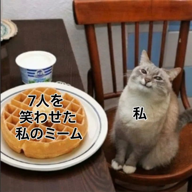ワッフルの乗ったお皿の横に満足そうに座っている猫。