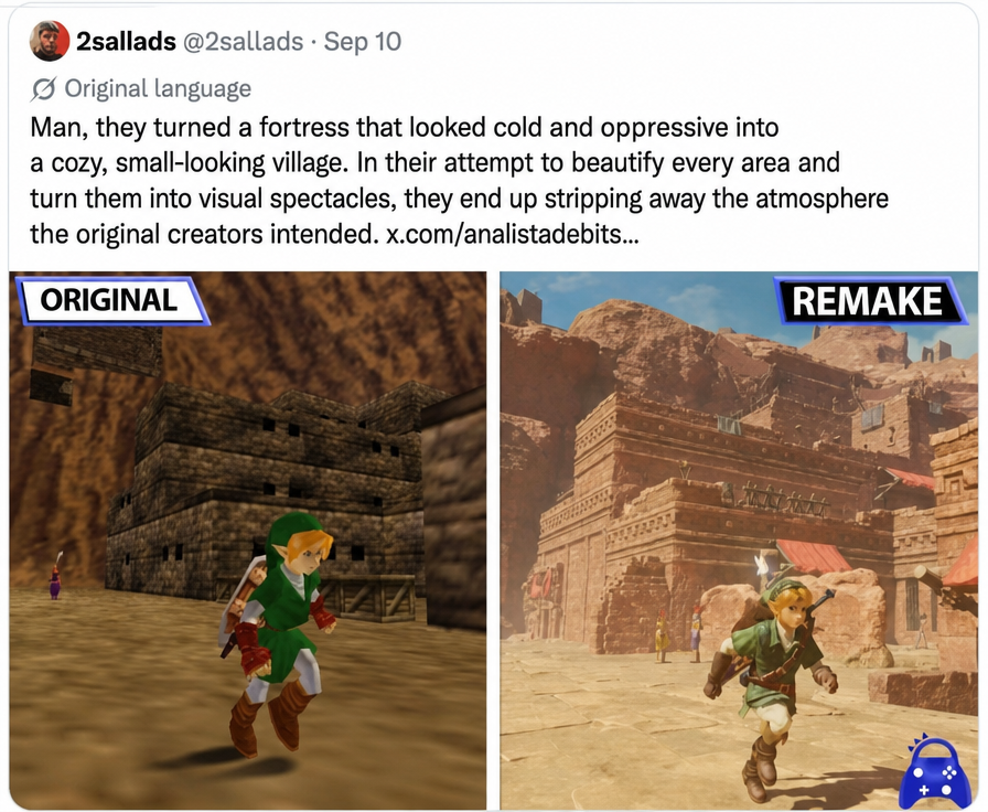 Screenshot of a social media post comparing the original Legend of Zelda graphics with the remake, criticizing it for damaging the original creator's intent.