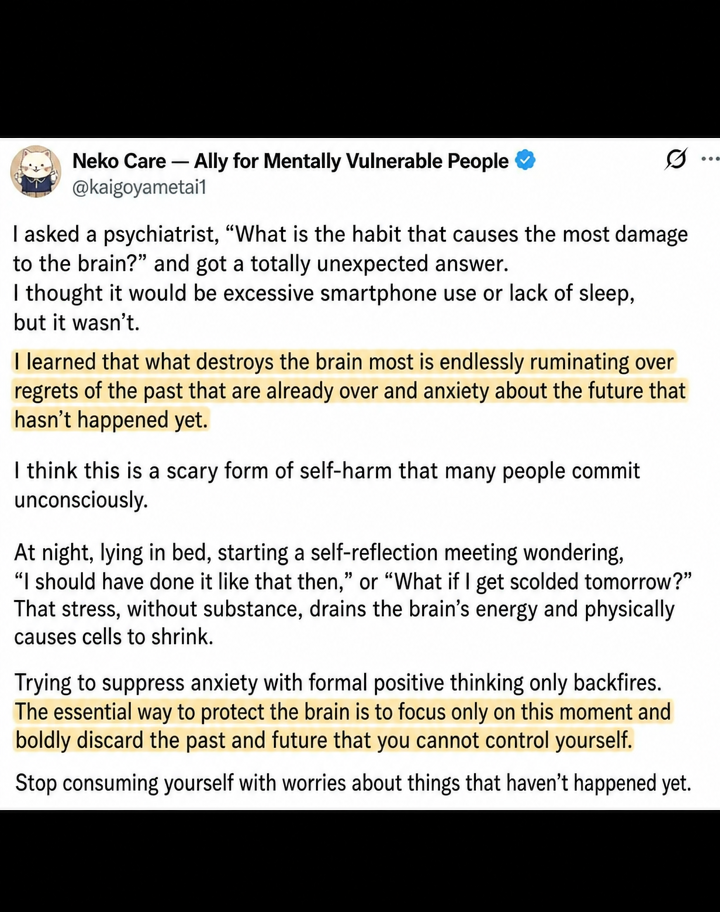 A screenshot of a social media post explaining that ruminating on past regrets and future anxiety destroys the brain.