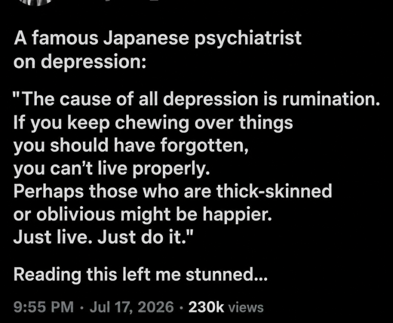 A screenshot of a social media post stating that the cause of all depression is rumination, and that one should just live without overthinking.