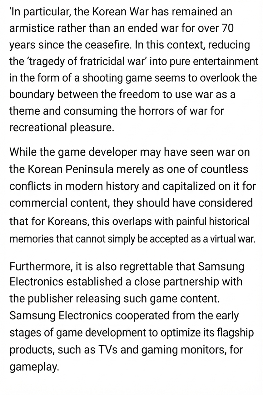 Screenshot of the body text of a fictional news article criticizing the commercialization of the Korean War into a game and Samsung Electronics' partnership.