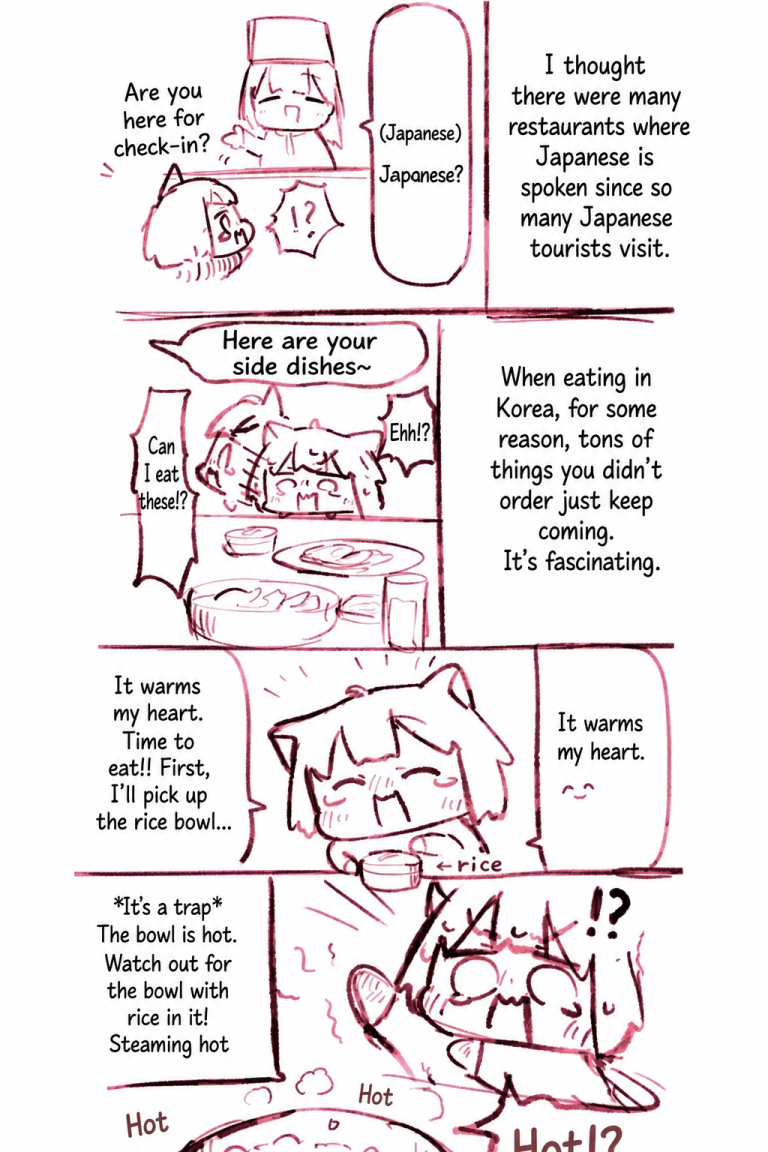 A comic about Korean restaurant side dish culture and a Japanese tourist burning their hand on a hot stainless steel rice bowl.