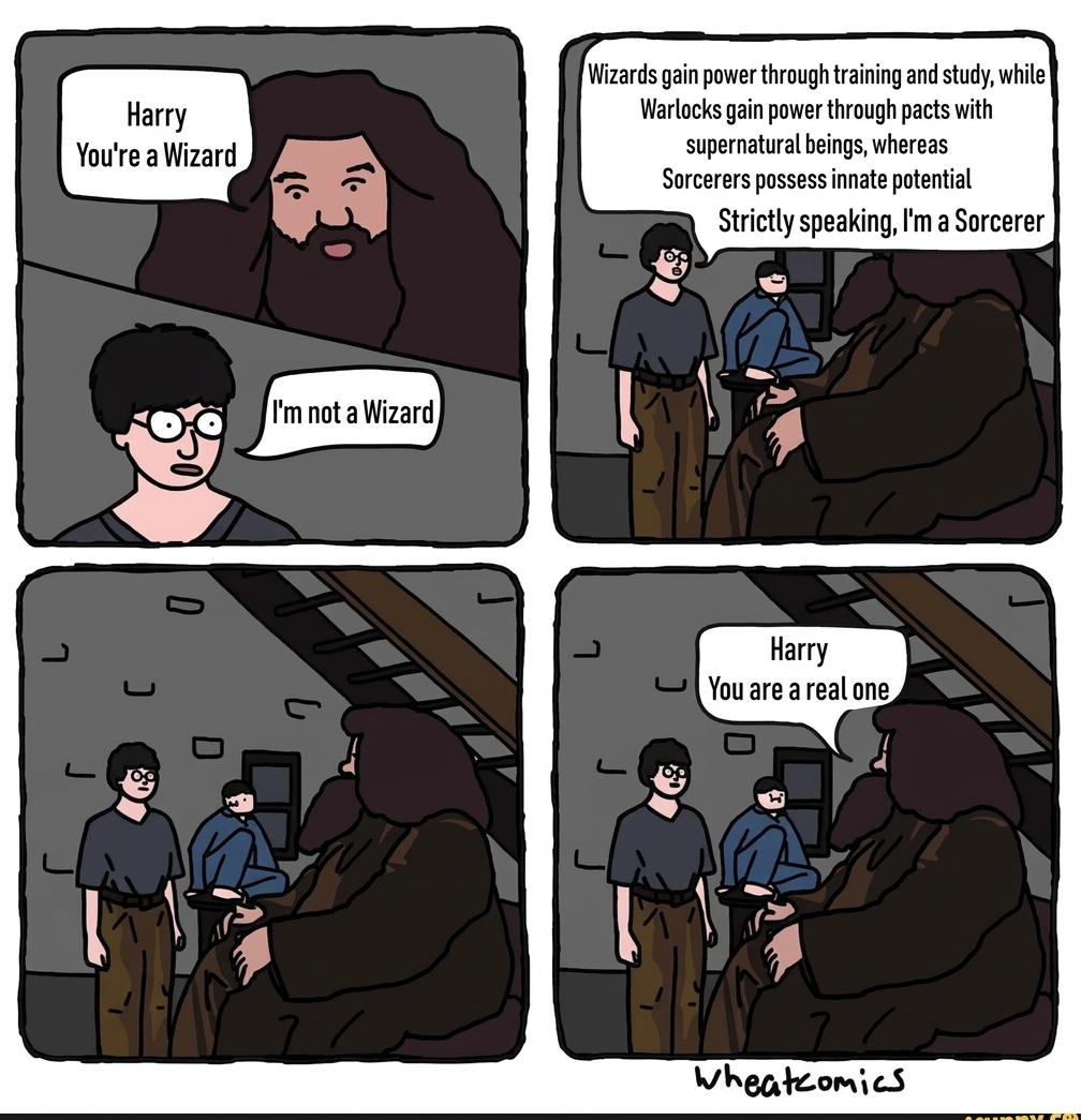 A comic where Hagrid calls Harry a 'Wizard,' but Harry earnestly corrects him about D&D magic user classes. Hagrid stares at him in silence before saying, 'Harry, you're a nerd.'
