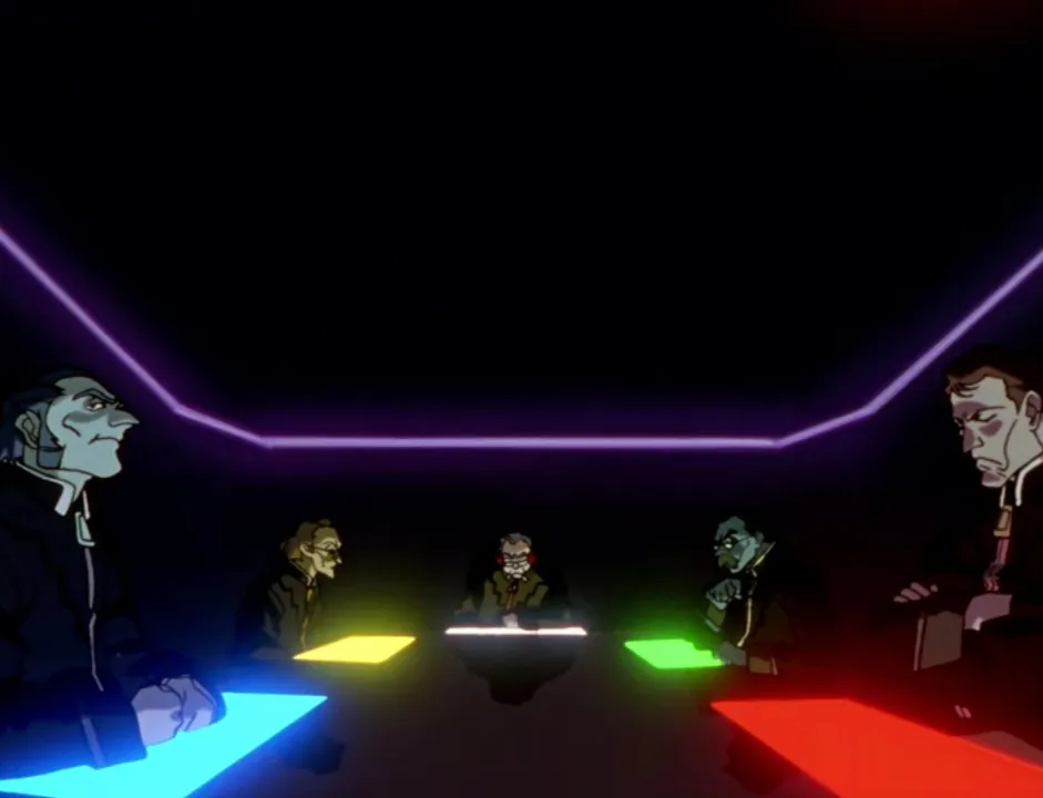 SEELE members sitting around a table with different colored lights in a dark room