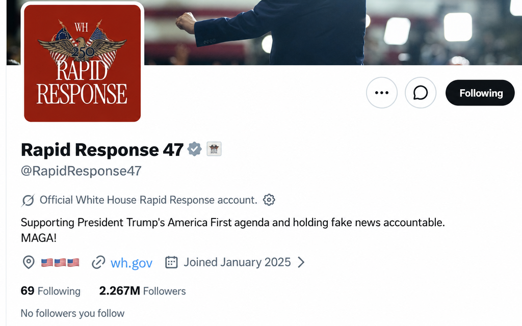 Screenshot of the official White House Rapid Response X profile supporting Trump.