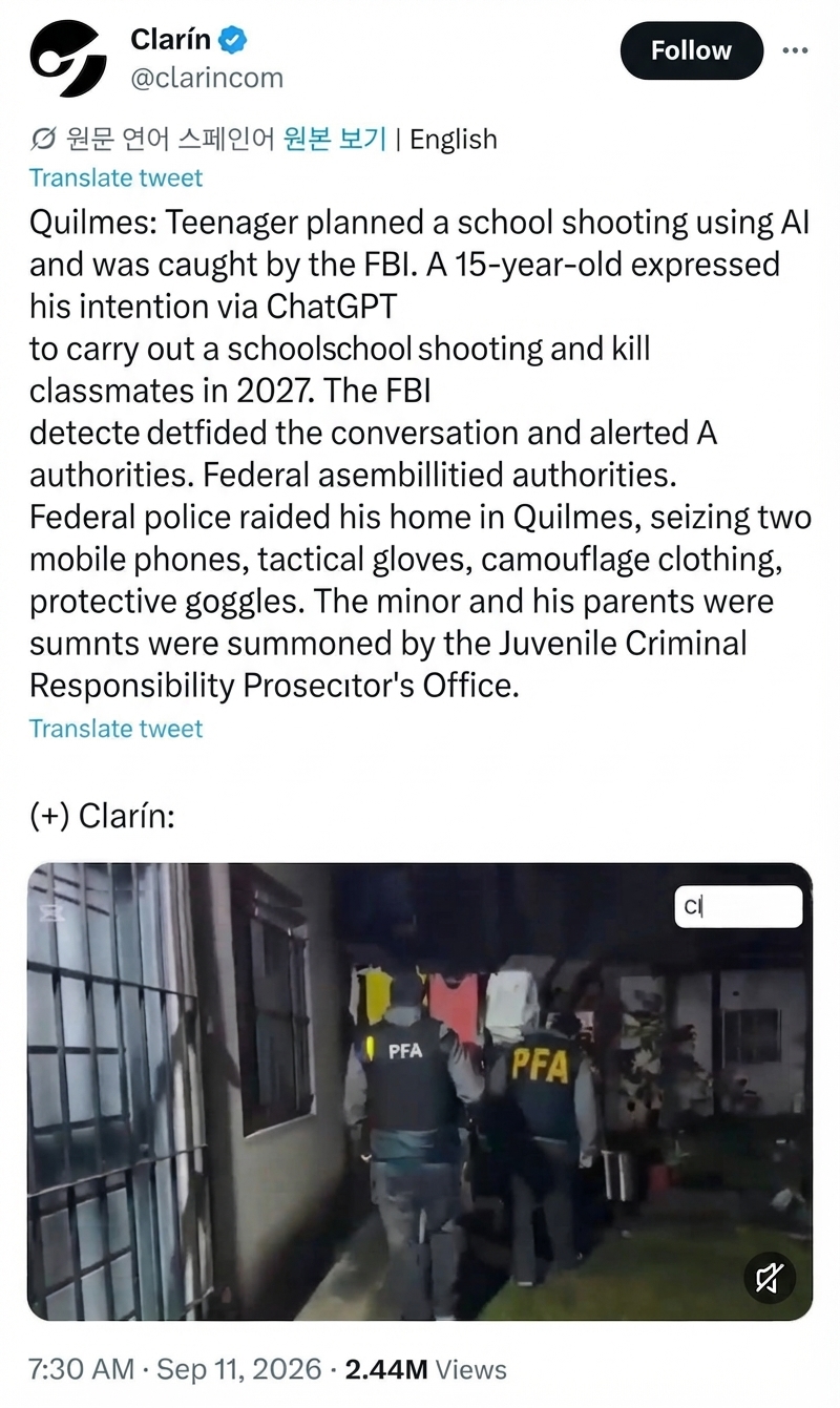 Screenshot of a tweet by Argentine media outlet Clarín reporting that a 15-year-old boy in Quilmes was caught by the FBI after plotting a school shooting using ChatGPT, with federal police raiding his home and seizing phones and tactical gear, alongside a thumbnail of the raid video.