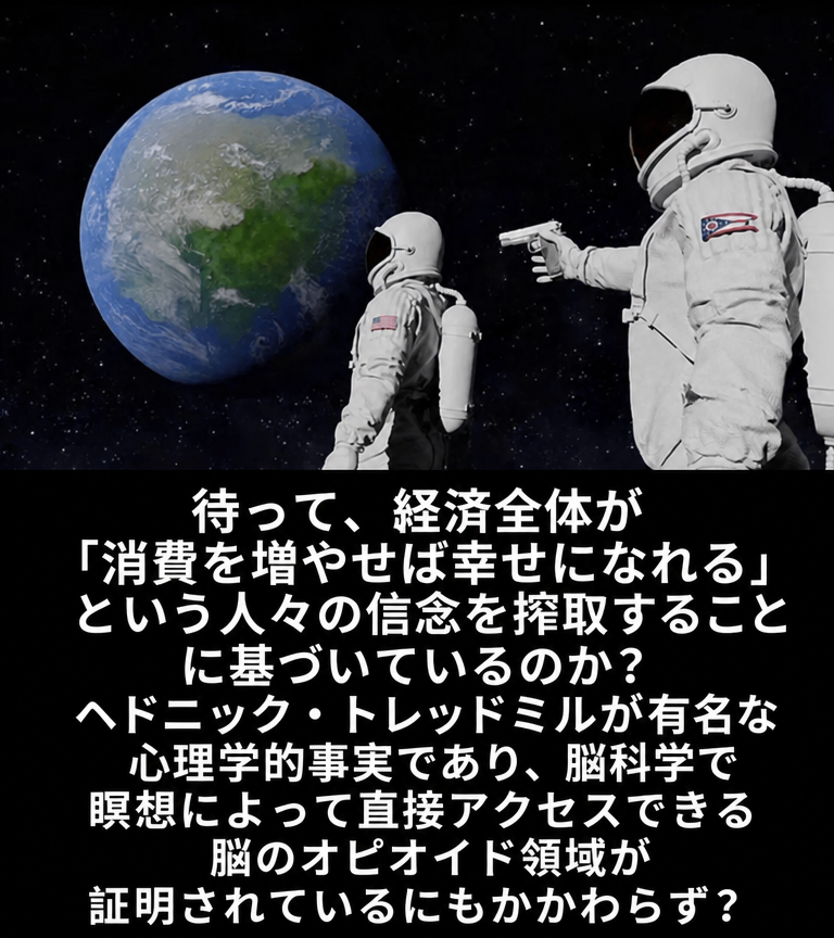 地球を見下ろす宇宙にいる2人の宇宙飛行士のミーム。1人が後ろからもう1人に銃を向けており、消費主義とヘドニック・トレッドミルについてのテキストが添えられている。