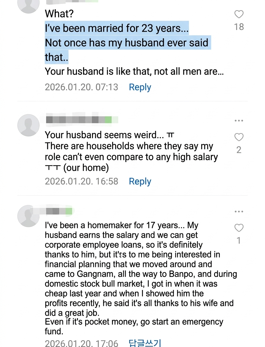 Screenshot showing more comments with users sharing experiences of being valued as homemakers.