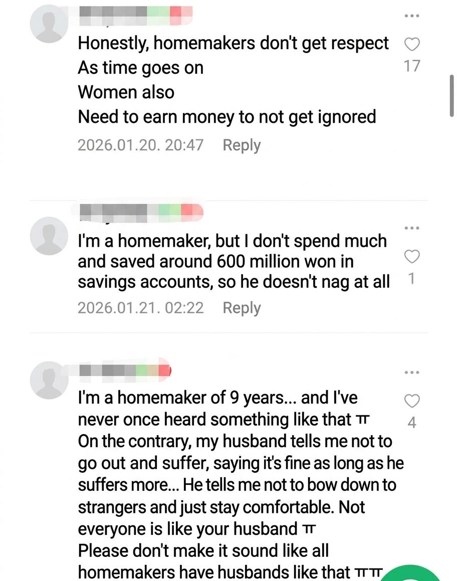 Screenshot showing contrasting comments discussing respect, financial independence, and savings as a homemaker.