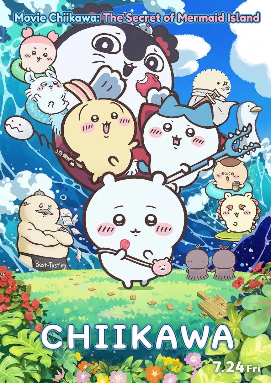 Poster for the animated film showing Chiikawa and friends gathered against a backdrop of a tropical island and the sea.