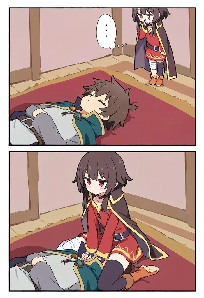 A two-panel comic featuring Kazuma and Megumin from Konosuba. In the top panel, Kazuma lies flat on a rug while Megumin looks on thoughtfully. In the bottom panel, she sits directly on his face to comfort him.